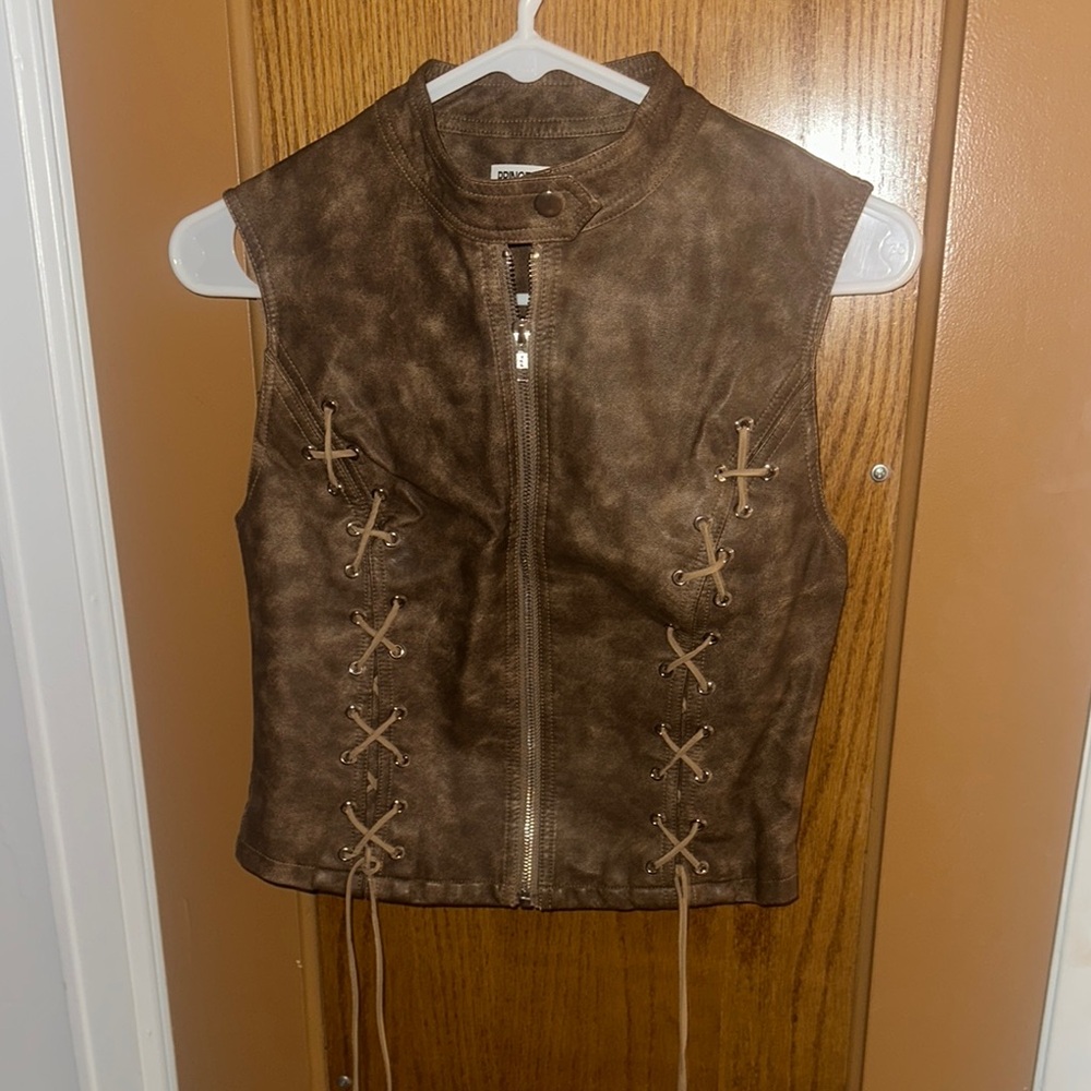 Princess Polly Ceejay Brown Lace-Up Faux Leather top